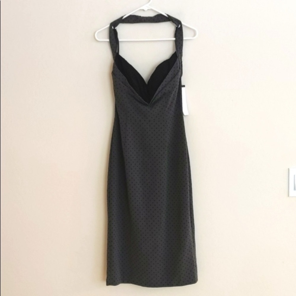 Stop Staring! Halter Grey Polkadot Pin Up Pencil Midi Dress Vintage Style - Sz L